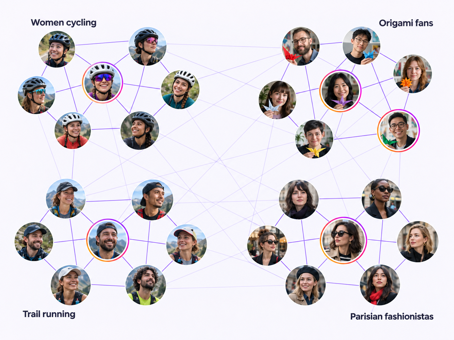 Portraits de créateurs reliés au sein de quatre communautés de niche : cyclistes, fans d’origami, adeptes du trail et passionnées de mode parisienne. Des liens plus légers relient les communautés et des cercles de story entourent certains profils.
