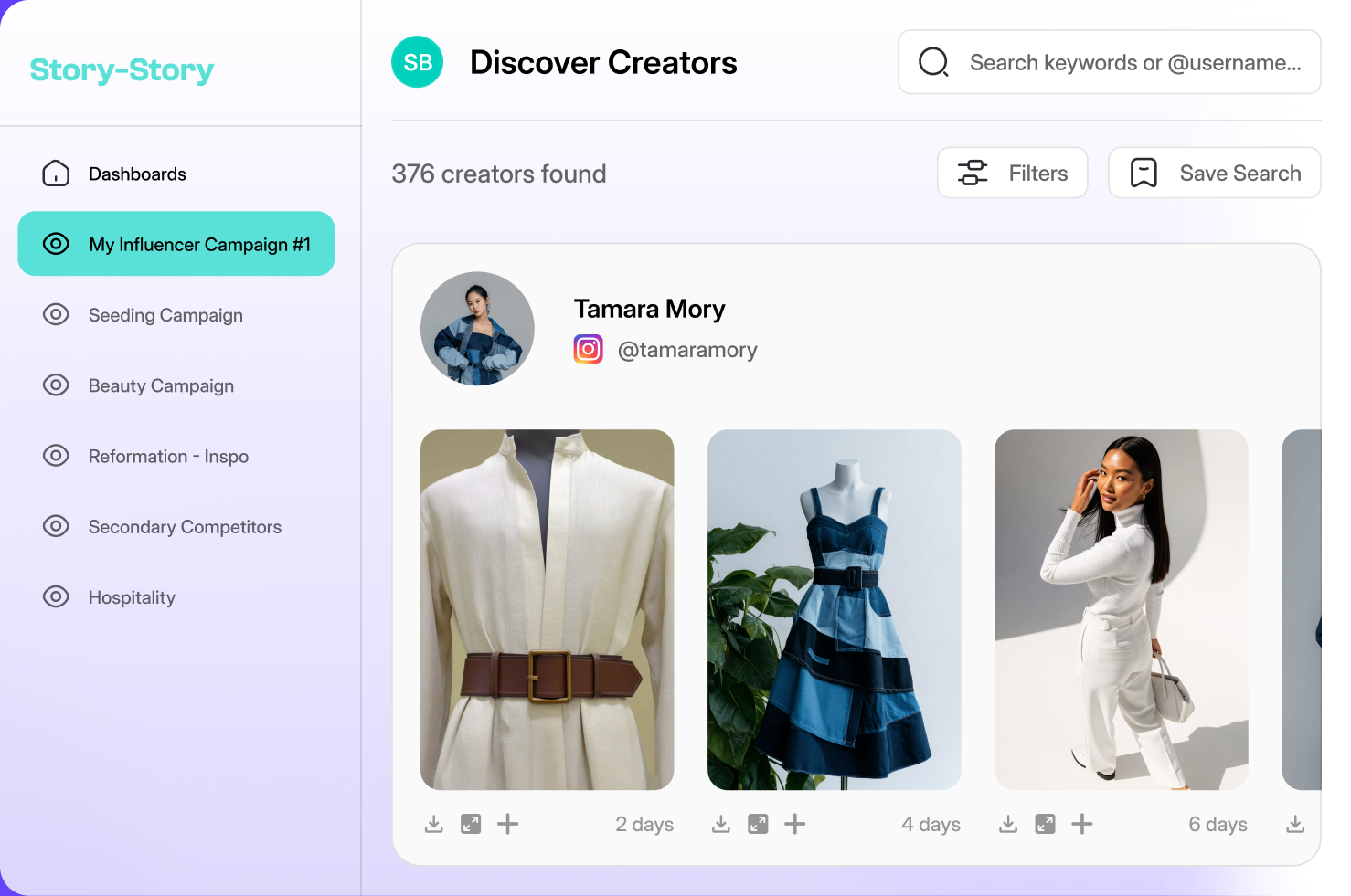 Aperçu de la recherche Story Story avec le profil d’une créatrice et ses contenus mode récents